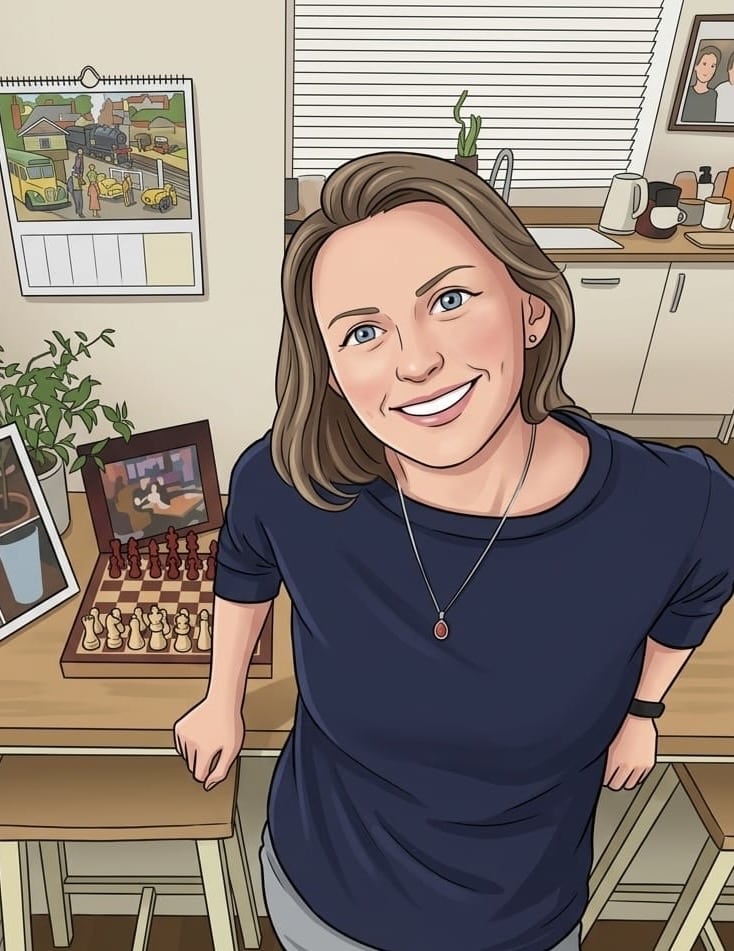 A woman smiling standing by a table with a chessboard and framed photos.