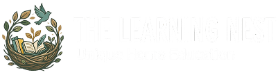 Learning Nest Logo Logo with a bird’s nest, open book, and the text: THE LEARNING NEST Unique Home Education.
